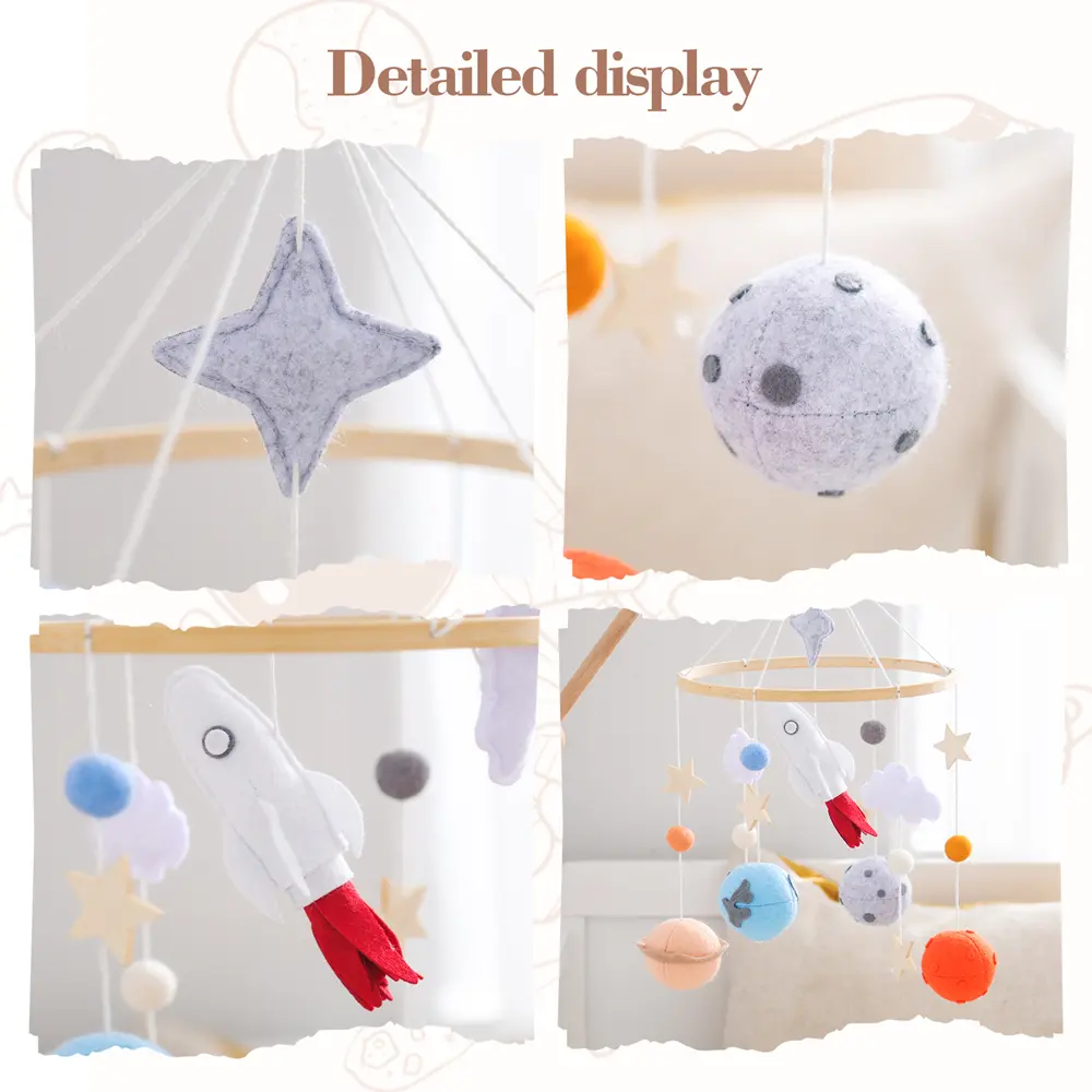 Wooden Baby Crib Bell Soothing Baby Movable Ringing Toy Space Rocket Hanging Crib Bracket Felt Ball Bed Bell Newborn Toy Gift