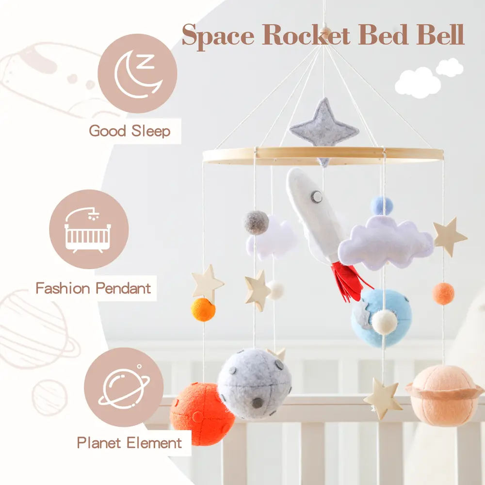 Wooden Baby Crib Bell Soothing Baby Movable Ringing Toy Space Rocket Hanging Crib Bracket Felt Ball Bed Bell Newborn Toy Gift