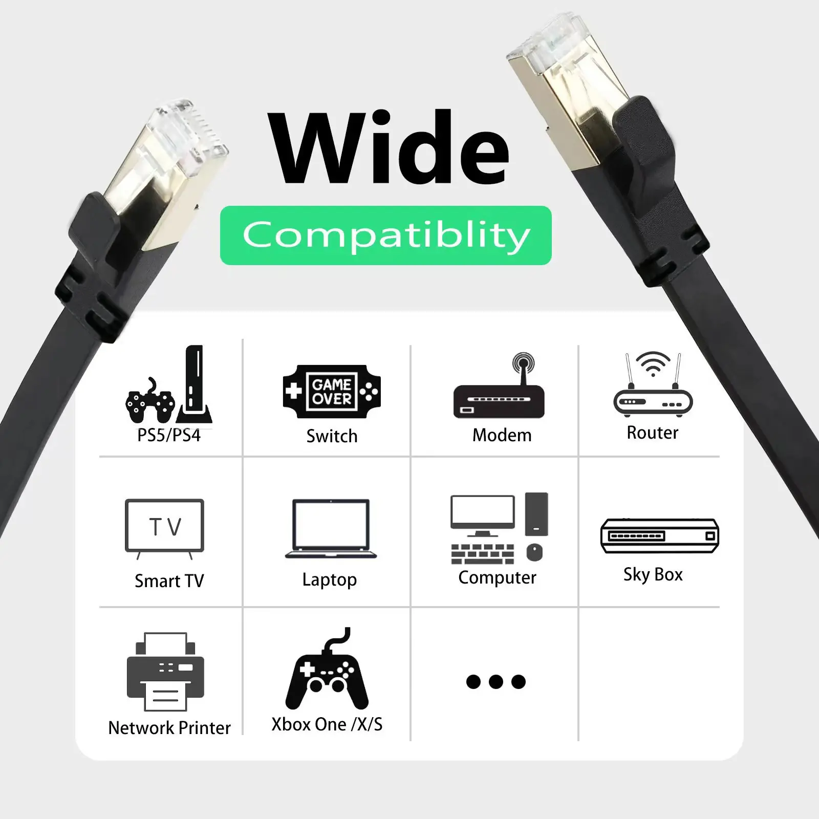 Cat8 Ethernet Cable Flat Lan Cable High Speed RJ45 40Gbps 2000Mhz For Home Networking Router Modem Computer,PC,Ps4, TV ,Laptops