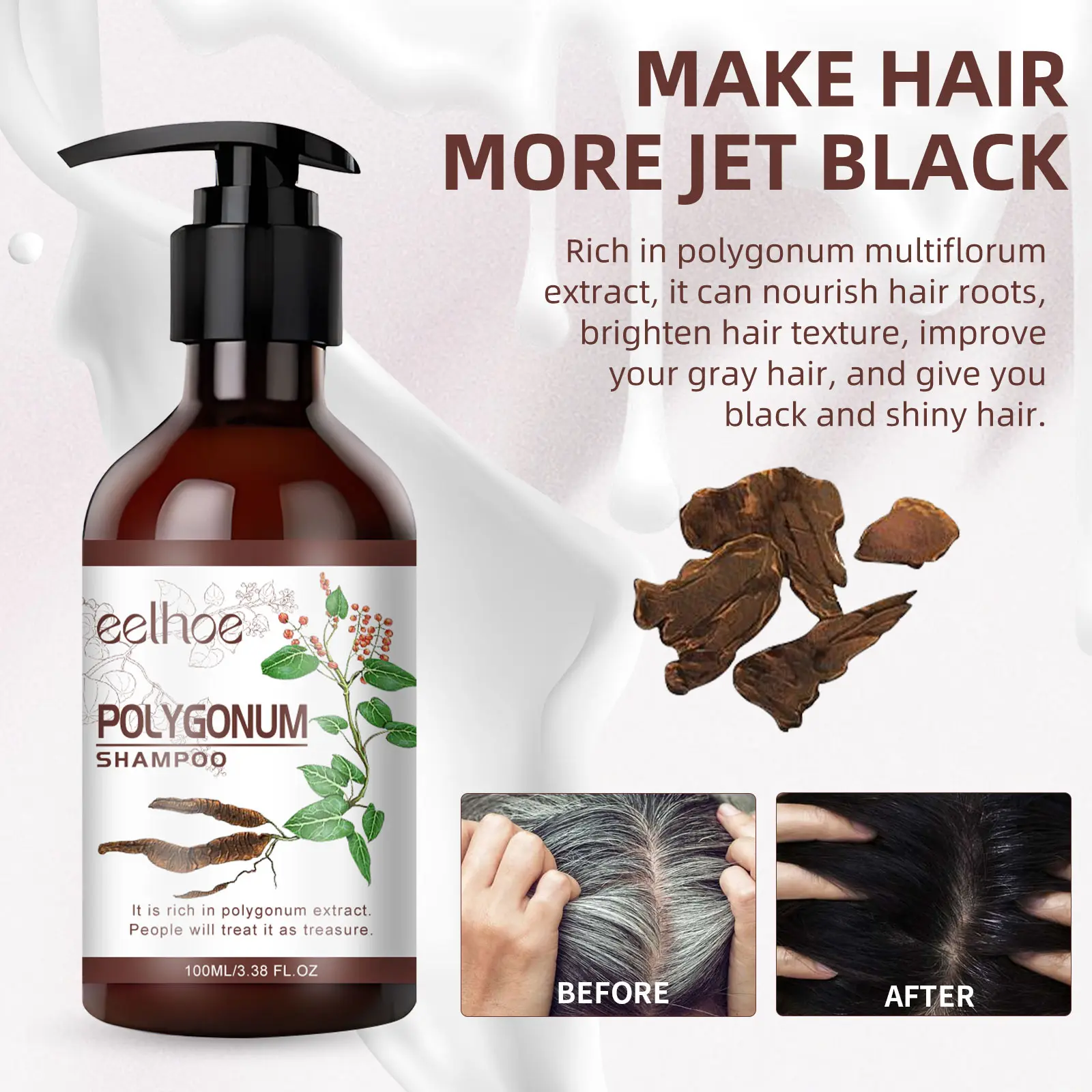 Polygonum Multiflorum Black Hair Shampoo Nourishing White Grey Cover Anti Dandruff Treatment Scalp Damaged Herbal Hair Cleansing