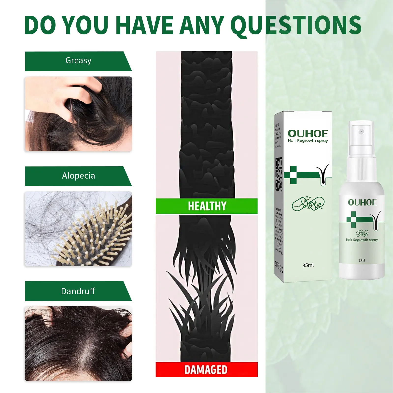 OUHOE Hair Regrowth Serum Spray Repairing Split Ends Scalp Dry Damaged Promote Growing Strengthening Nourishing Roots Spray 35ml