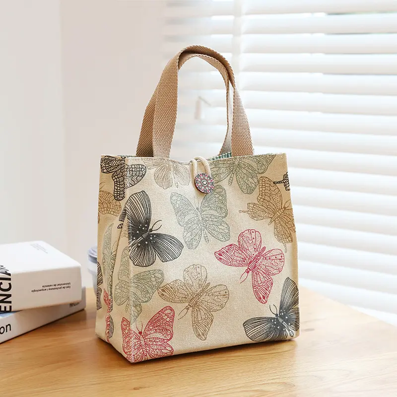 New Printed Butterfly Lunch Bag For Women Girl Large Capacity Work Food Container Bags Portable Canvas Travel Picnic Lunch Bags