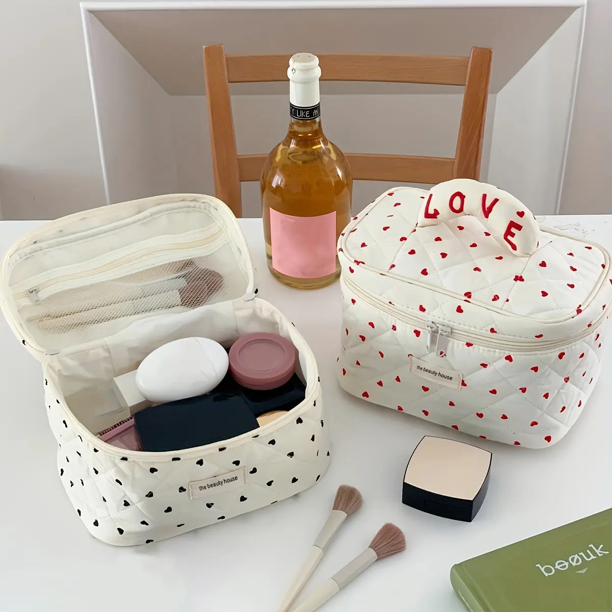 LOVE Mini Heart Print Soft Cotton Cosmetic Bags Korea Ins Storage Make Up Bags For Women Portable Travel Organizer Toiletry Bag