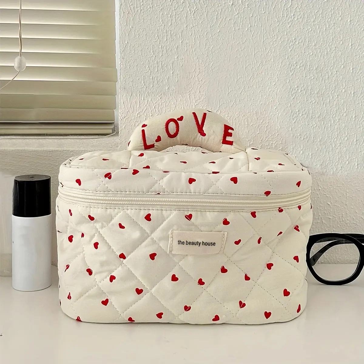 LOVE Mini Heart Print Soft Cotton Cosmetic Bags Korea Ins Storage Make Up Bags For Women Portable Travel Organizer Toiletry Bag