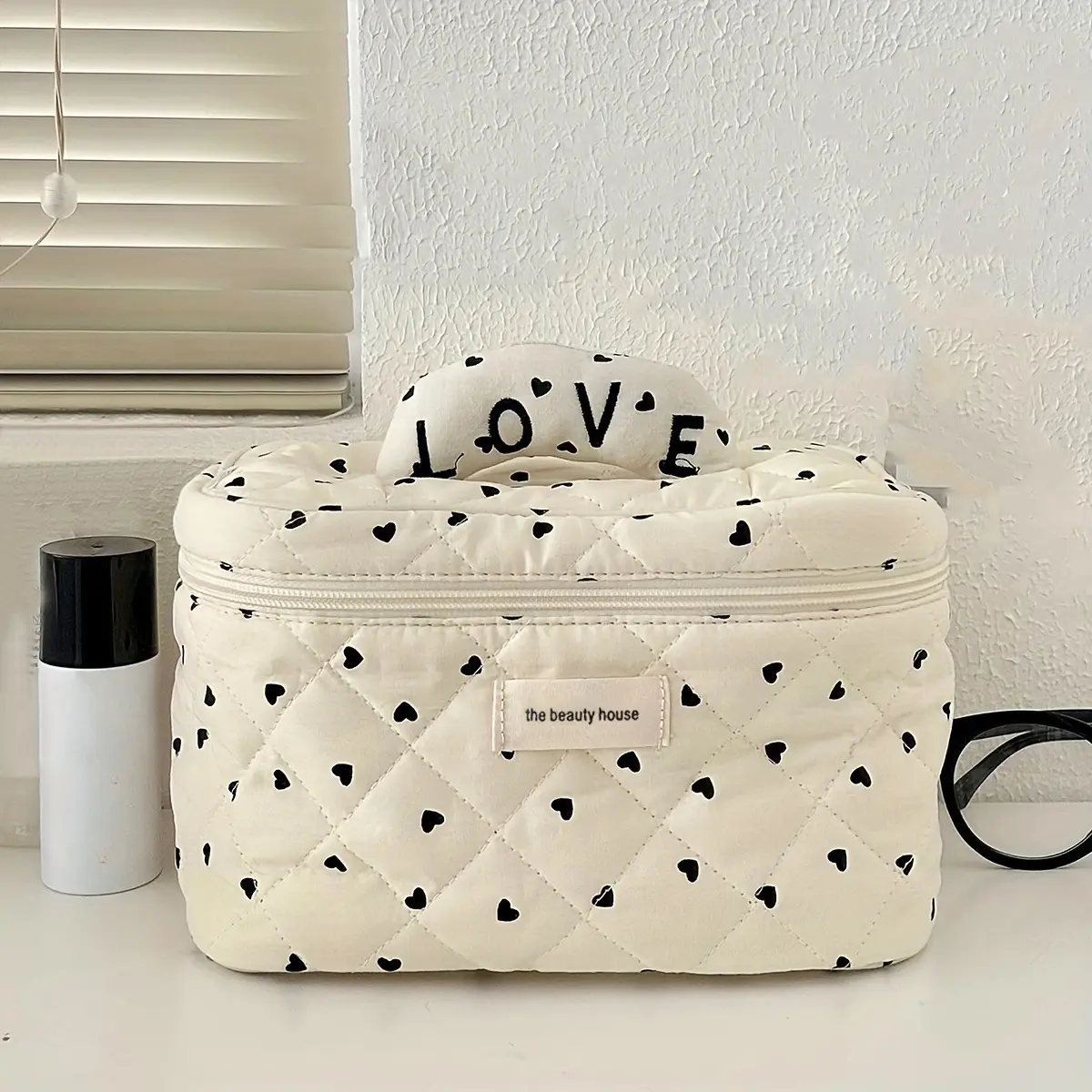 LOVE Mini Heart Print Soft Cotton Cosmetic Bags Korea Ins Storage Make Up Bags For Women Portable Travel Organizer Toiletry Bag