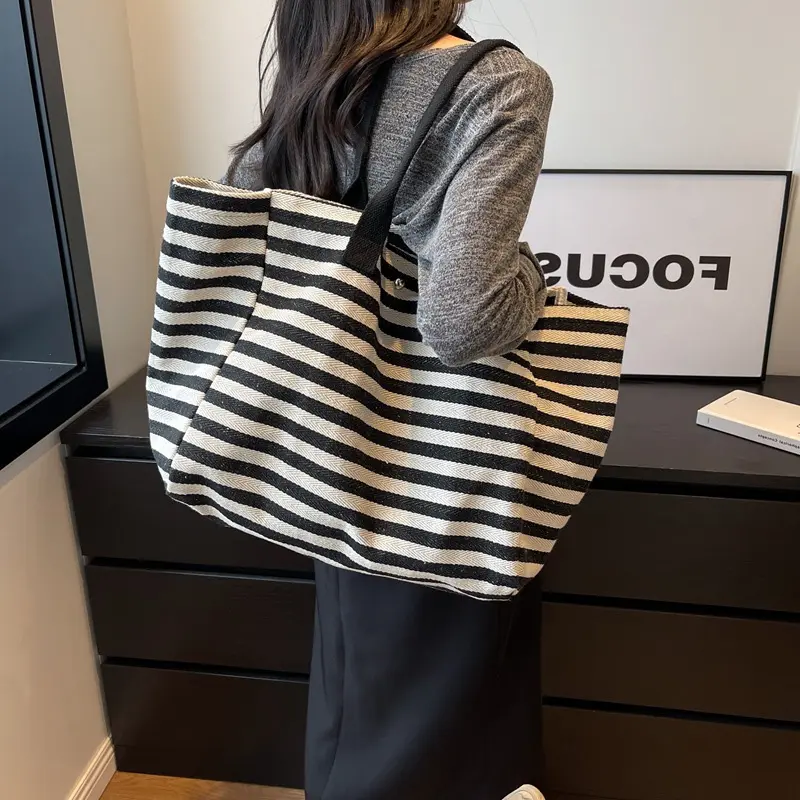 Casual Striped Canvas Bag For Women Large Capacity Shoulder Bag Daily Shopping Totes Student Bookbag for School Travel Beach Bag
