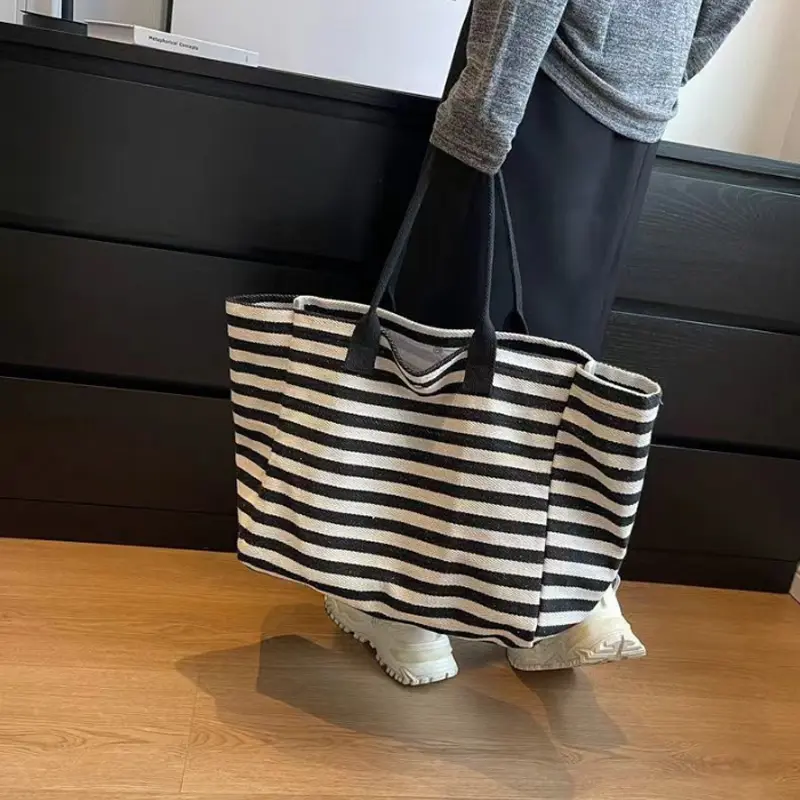 Casual Striped Canvas Bag For Women Large Capacity Shoulder Bag Daily Shopping Totes Student Bookbag for School Travel Beach Bag