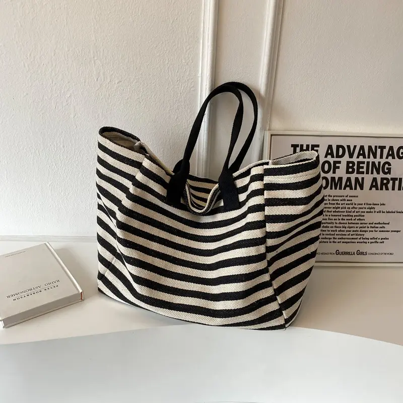 Casual Striped Canvas Bag For Women Large Capacity Shoulder Bag Daily Shopping Totes Student Bookbag for School Travel Beach Bag