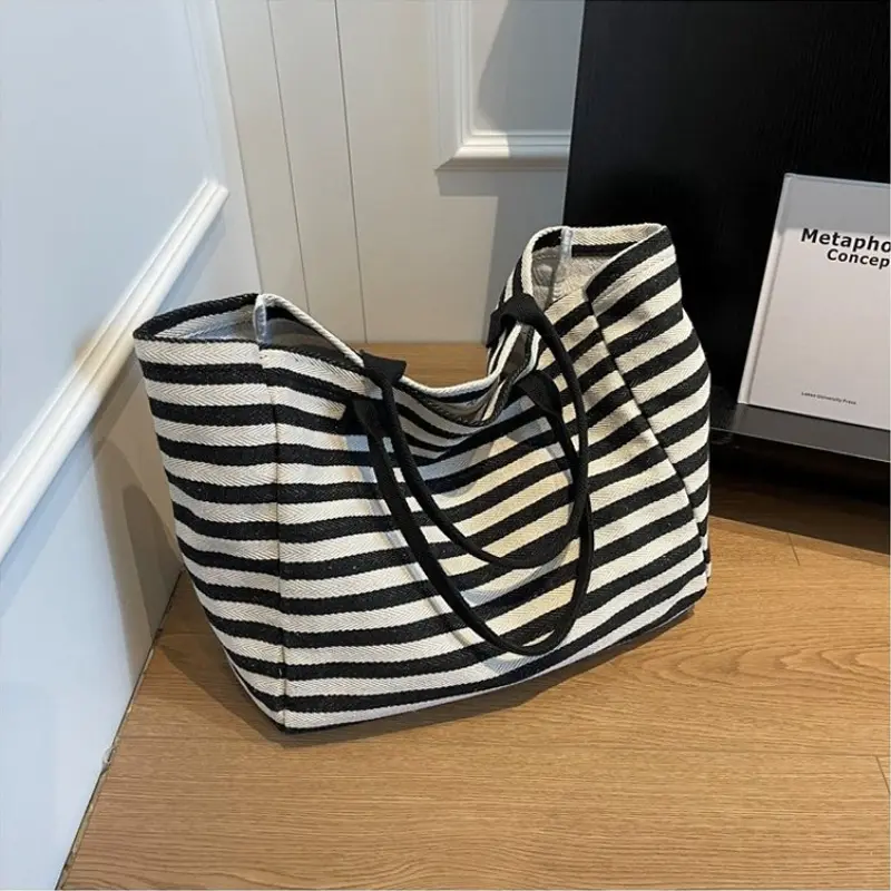 Casual Striped Canvas Bag For Women Large Capacity Shoulder Bag Daily Shopping Totes Student Bookbag for School Travel Beach Bag