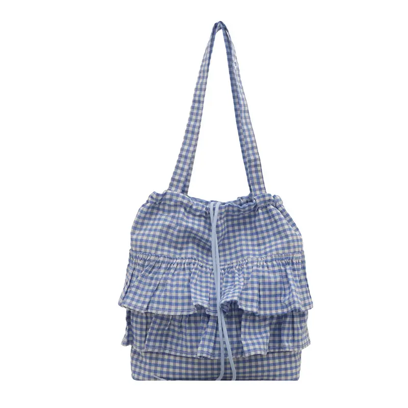 Cute Plaid Cotton Tote Bag Large Capaci Lace Trim Women's Summer 2025 Simple Lady Handbag Soft Shoulder Bags Bolsa Feminina