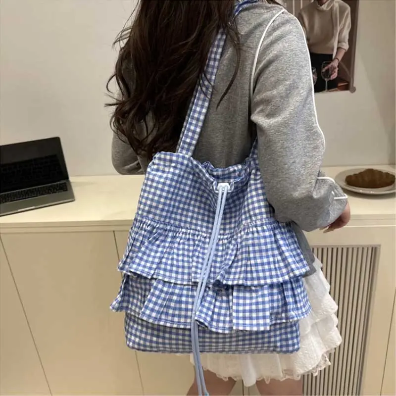 Cute Plaid Cotton Tote Bag Large Capaci Lace Trim Women's Summer 2025 Simple Lady Handbag Soft Shoulder Bags Bolsa Feminina