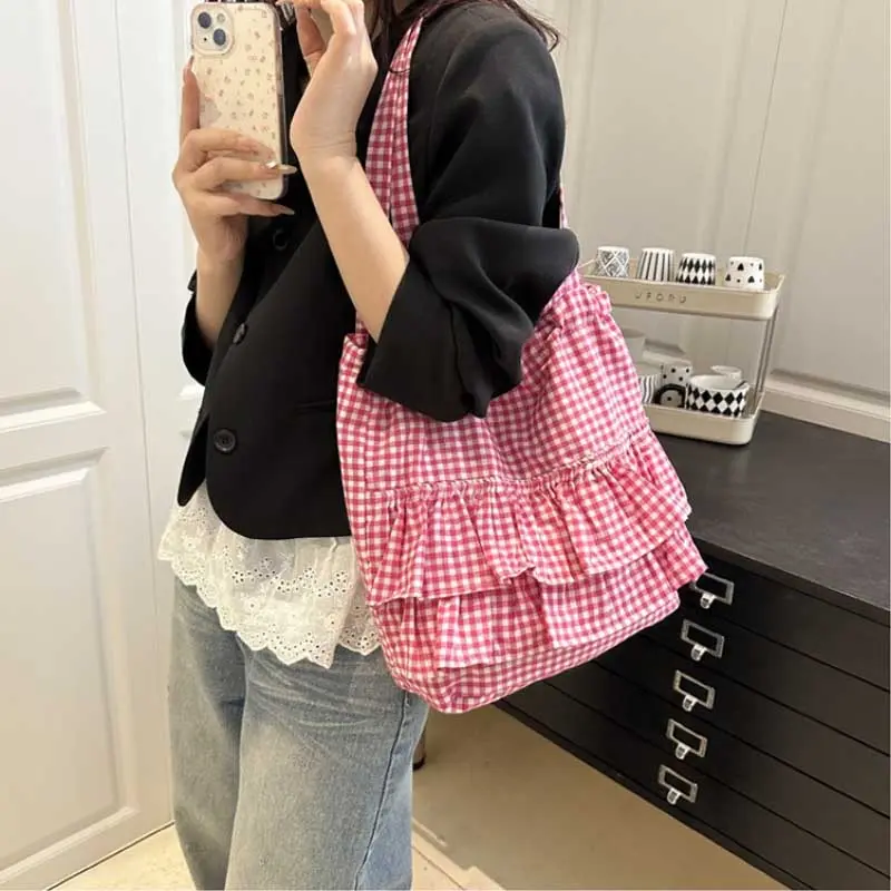Cute Plaid Cotton Tote Bag Large Capaci Lace Trim Women's Summer 2025 Simple Lady Handbag Soft Shoulder Bags Bolsa Feminina