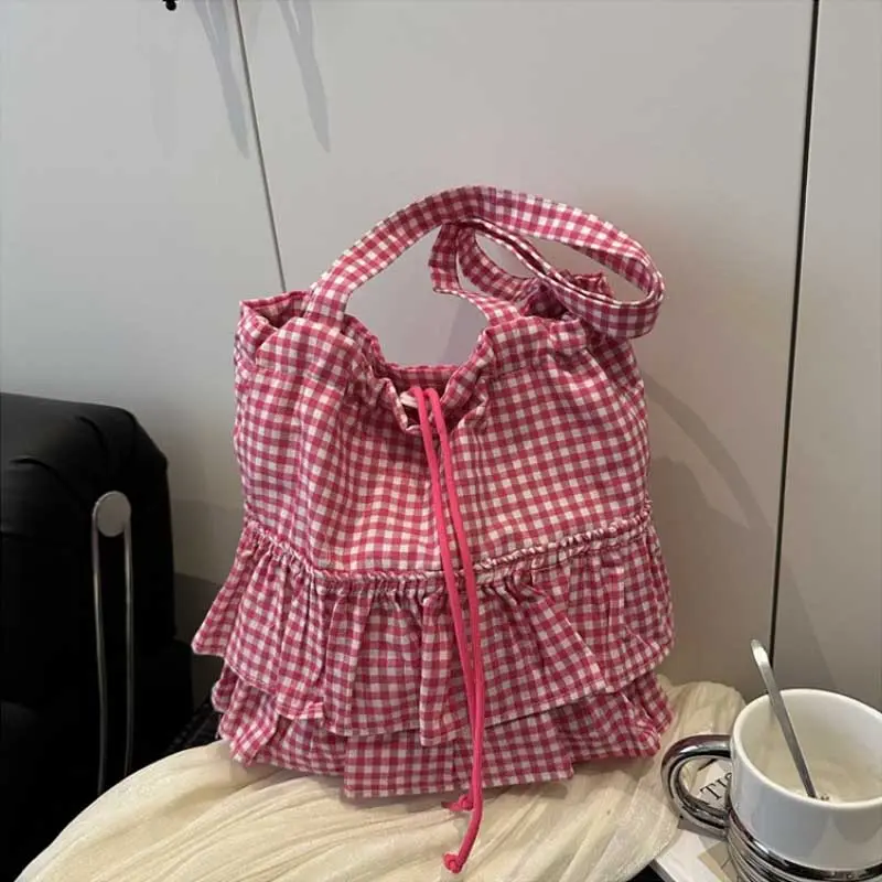Cute Plaid Cotton Tote Bag Large Capaci Lace Trim Women's Summer 2025 Simple Lady Handbag Soft Shoulder Bags Bolsa Feminina