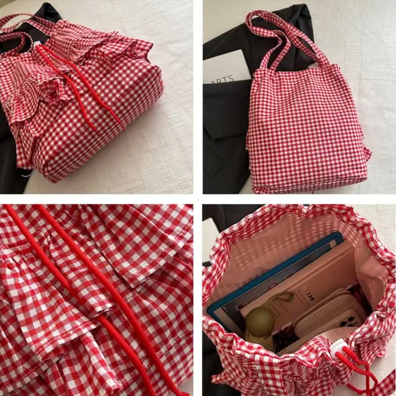 Cute Plaid Cotton Tote Bag Large Capaci Lace Trim Women's Summer 2025 Simple Lady Handbag Soft Shoulder Bags Bolsa Feminina