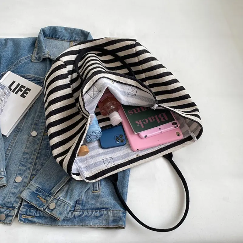 Casual Striped Canvas Bag For Women Large Capacity Shoulder Bag Daily Shopping Totes Student Bookbag for School Travel Beach Bag
