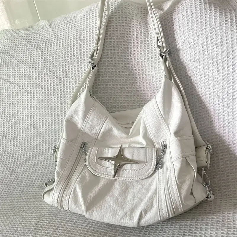 Y2k Large Capacity Shoulder Bag White Pu Leather Star Handbag American Style Punk Goth Fashion Simple Designer Handbag Tote Bag