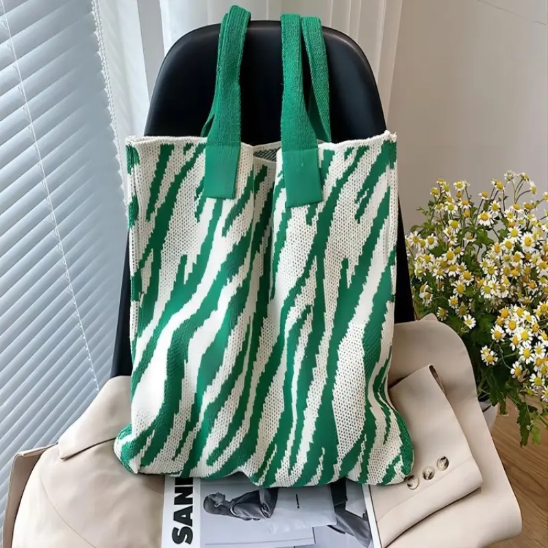 Trend Zebra Pattern Crochet Bag Large Capacity Women Handbag Shoulder Bag Simple Knitted Tote Bag for Teen Women Girls bolsa