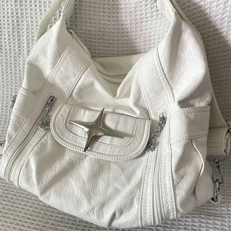 Y2k Large Capacity Shoulder Bag White Pu Leather Star Handbag American Style Punk Goth Fashion Simple Designer Handbag Tote Bag