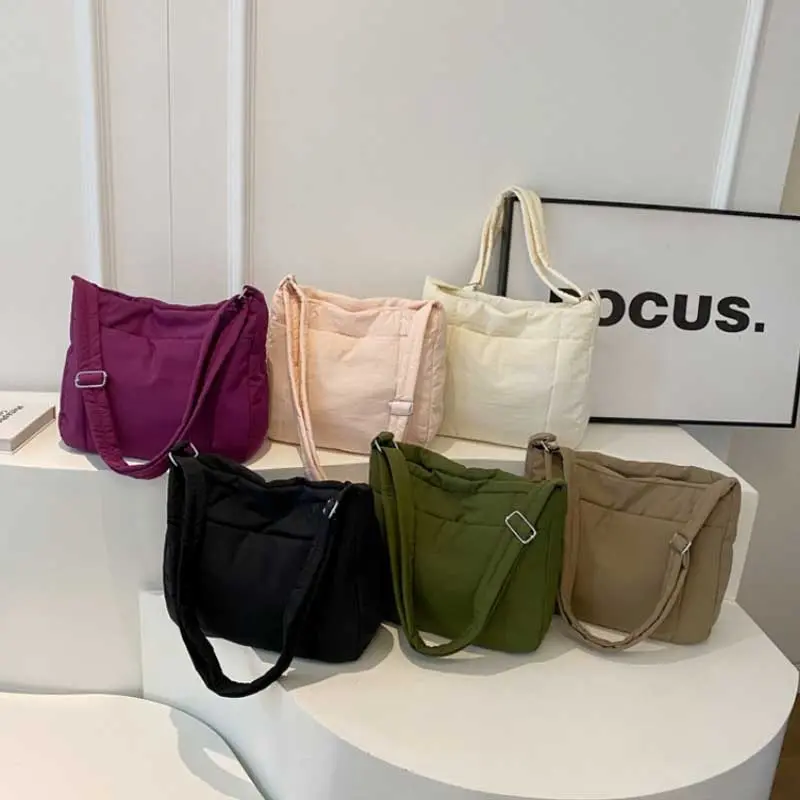 New Quilted Padded Totes Bag Large Capacity Down Fabric Messenger Shoulder Bag Space Cotton Adjustable Length Crossbody Bags