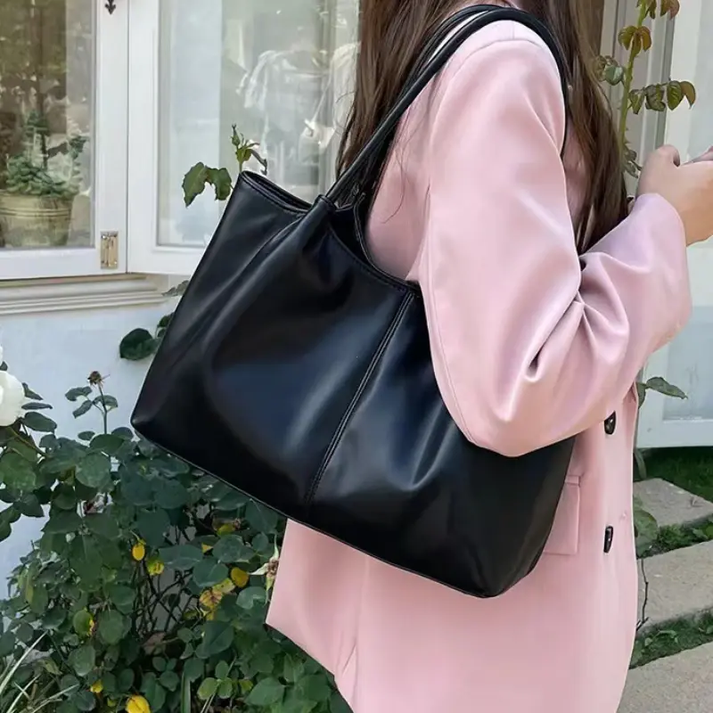 Simple White Shoulder Bag 2024 Women's PU Leather Soft Underarm Tote Bag School Large Capacity Bag Full Student Shopping Handbag