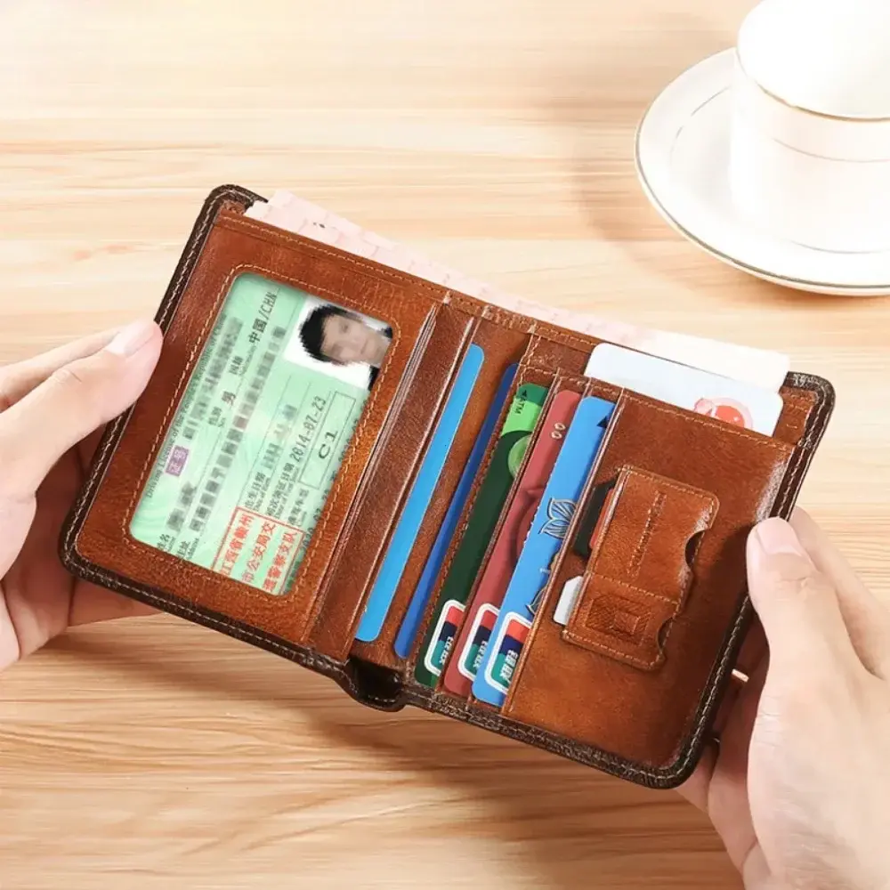 Men Wallet Genuine Leather Rfid Blocking Trifold Wallet Vintage Thin Short Multi Function ID Credit Card Holder Male Purse Money