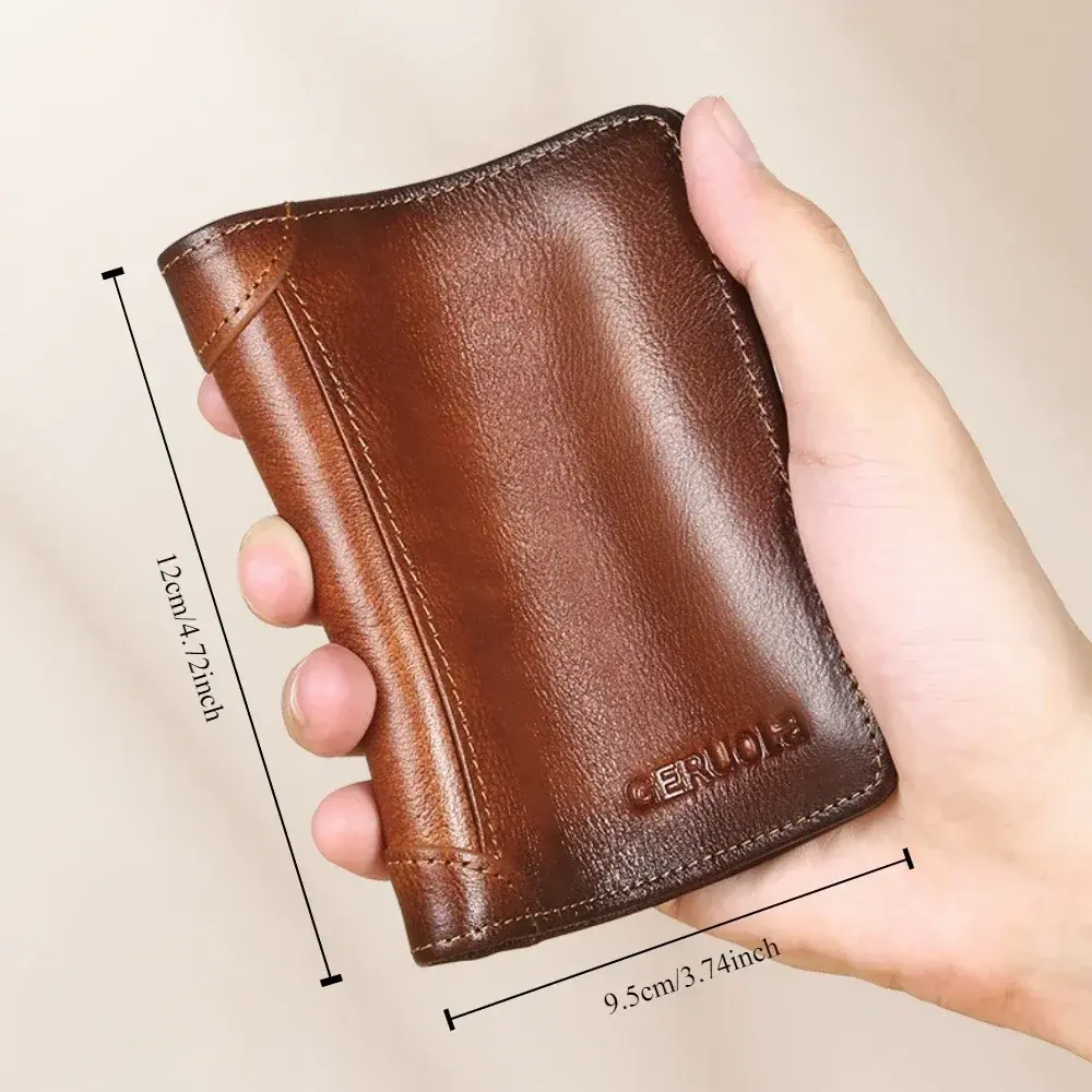Men Wallet Genuine Leather Rfid Blocking Trifold Wallet Vintage Thin Short Multi Function ID Credit Card Holder Male Purse Money