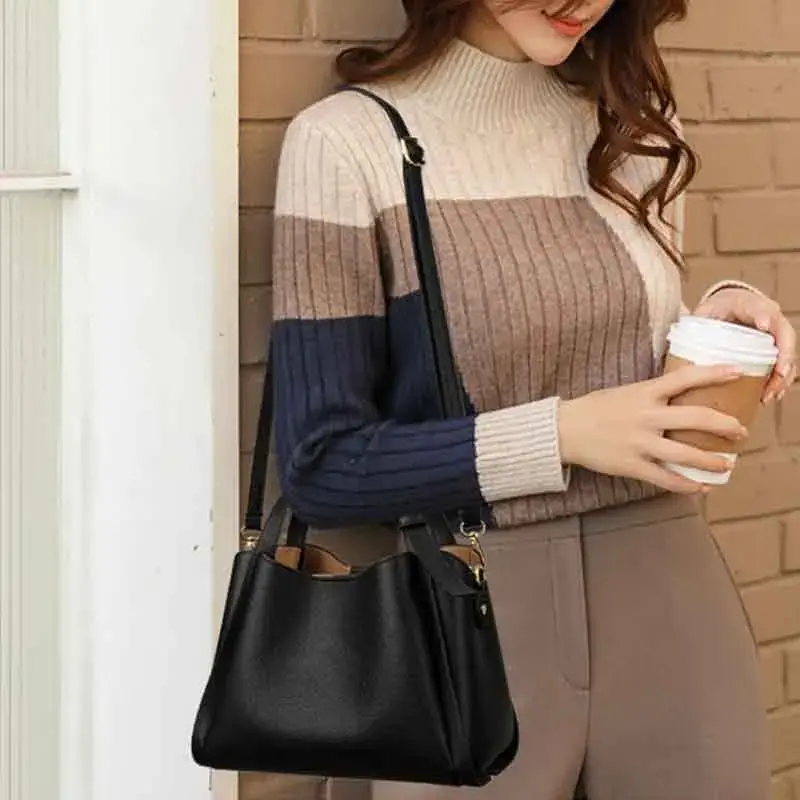 Versatile Bucket Shoulder Bags Women Luxury Designer PU Leather Messenger Crossbody Bags Ladies Casual Solid Color Purse Handbag