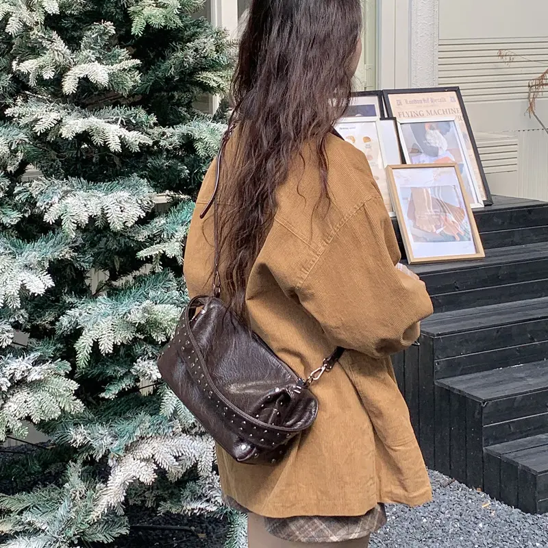 Punk Style Rivet Design Soft Leather Underarm Bags Women Solid Color Casual Shoulder Bag Large Capacity Lady Handbags bolsas