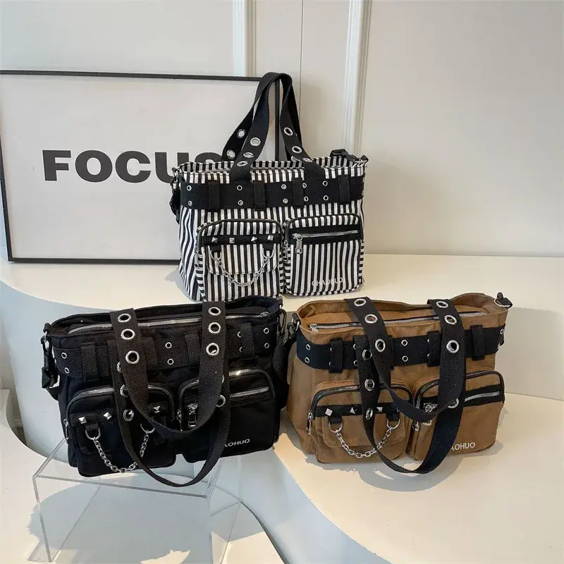 Chains Zipper Buckle Nylon Shoulder Bags Solid Zipper Rivet Versatile Hand Bags 2024 Hot Sale Bags for Women Bolsas De Hombro