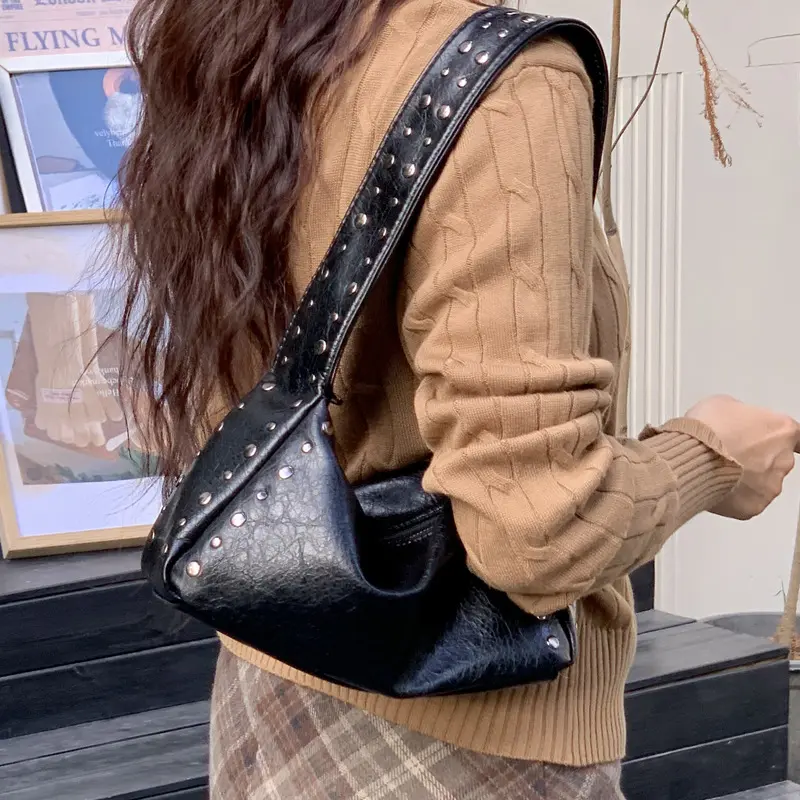 Punk Style Rivet Design Soft Leather Underarm Bags Women Solid Color Casual Shoulder Bag Large Capacity Lady Handbags bolsas