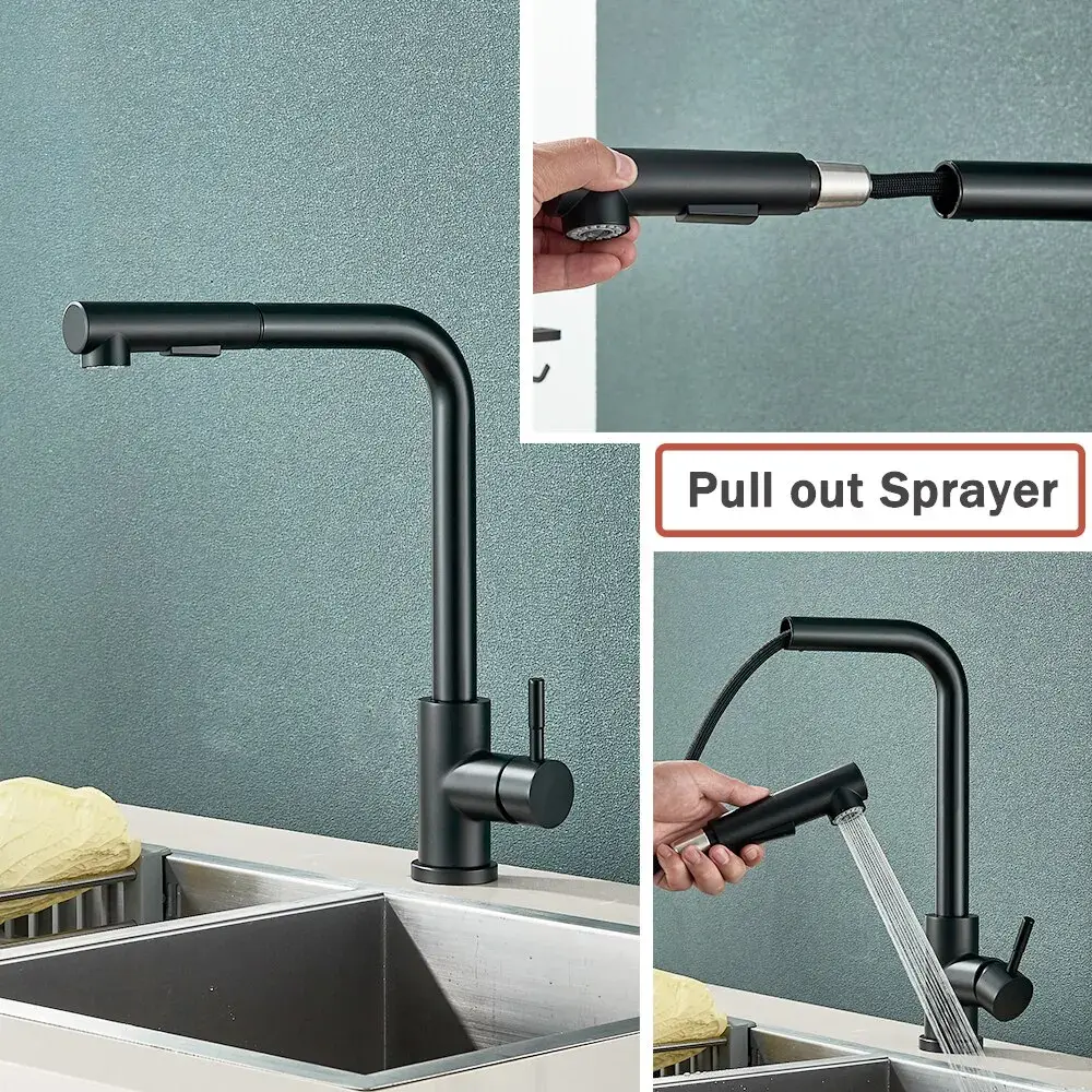 Free Shipping Black Pull Out Kitchen Sink Faucet Two Model Stream Sprayer Nozzle Stainless Steel Hot Cold Wate Mixer Tap Deck