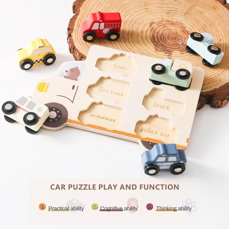 Baby Wooden Puzzle Toy Montessori Cartoon Car Learning Education Block Toys Newborns Block Matching Cognitive Game Children Gift