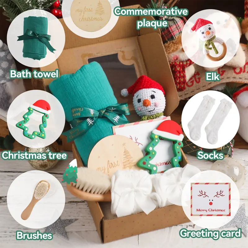 Newborn Christmas Bath Set Toy Stuff Bath Towel Cotton Blanket Brush Gift For Baby Crochet Snowman Rattles Toy Photography Props