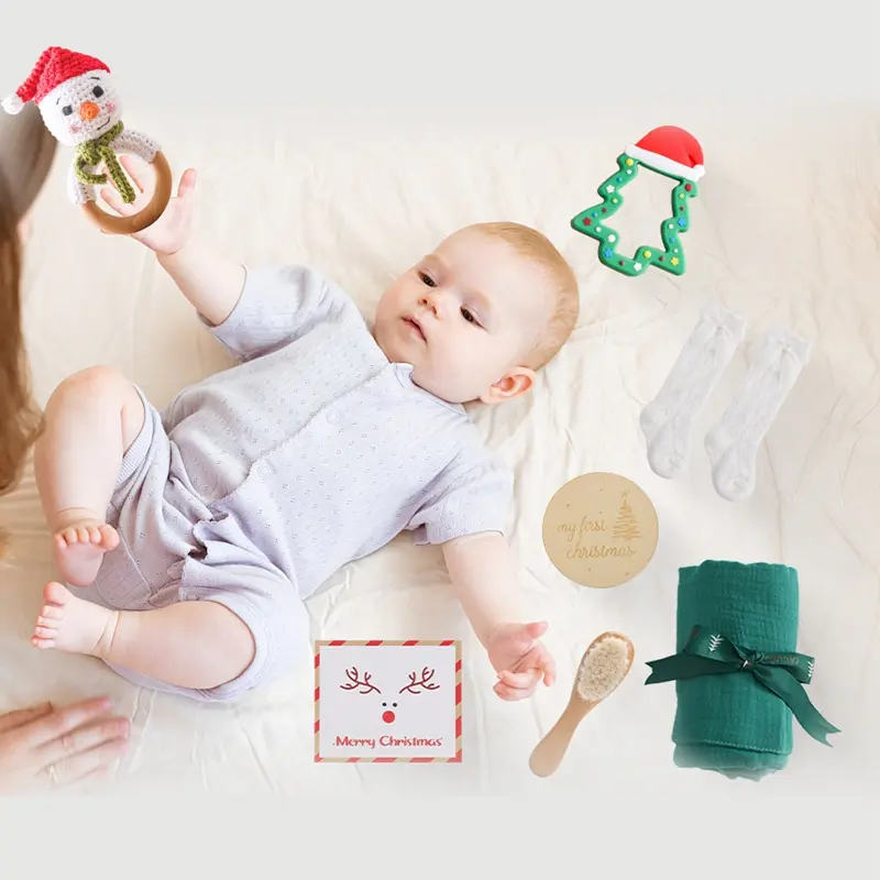 Newborn Christmas Bath Set Toy Stuff Bath Towel Cotton Blanket Brush Gift For Baby Crochet Snowman Rattles Toy Photography Props