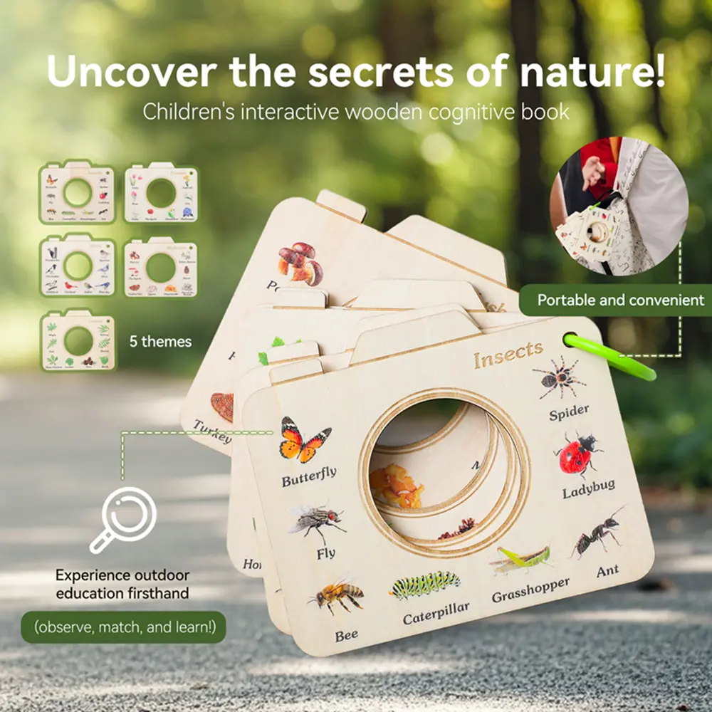 Montessori Wood Book Educational Toys For 0 12 Months Baby Outdoor Animals Plant Cognitive  Kid Puzzle Toy Explore Nature Gift