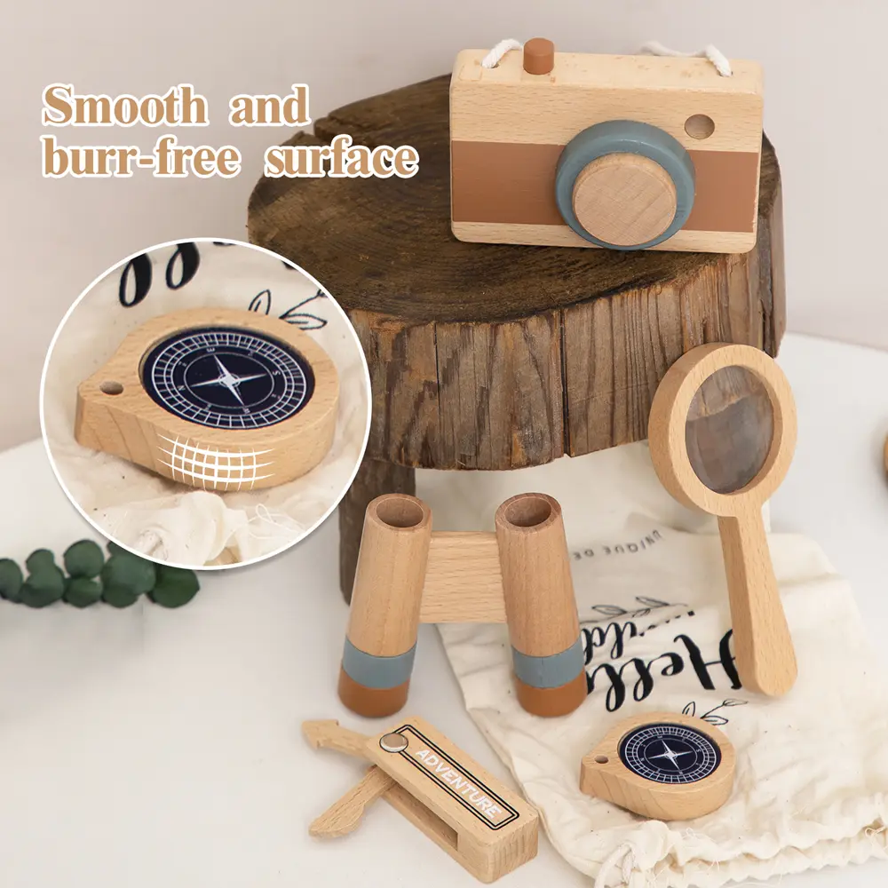 Montessori Wooden Toys Baby Outdoor Adventure Camera Magnifier Compass Telescope Wooden Knife Set Adventurer Role Playing Gift