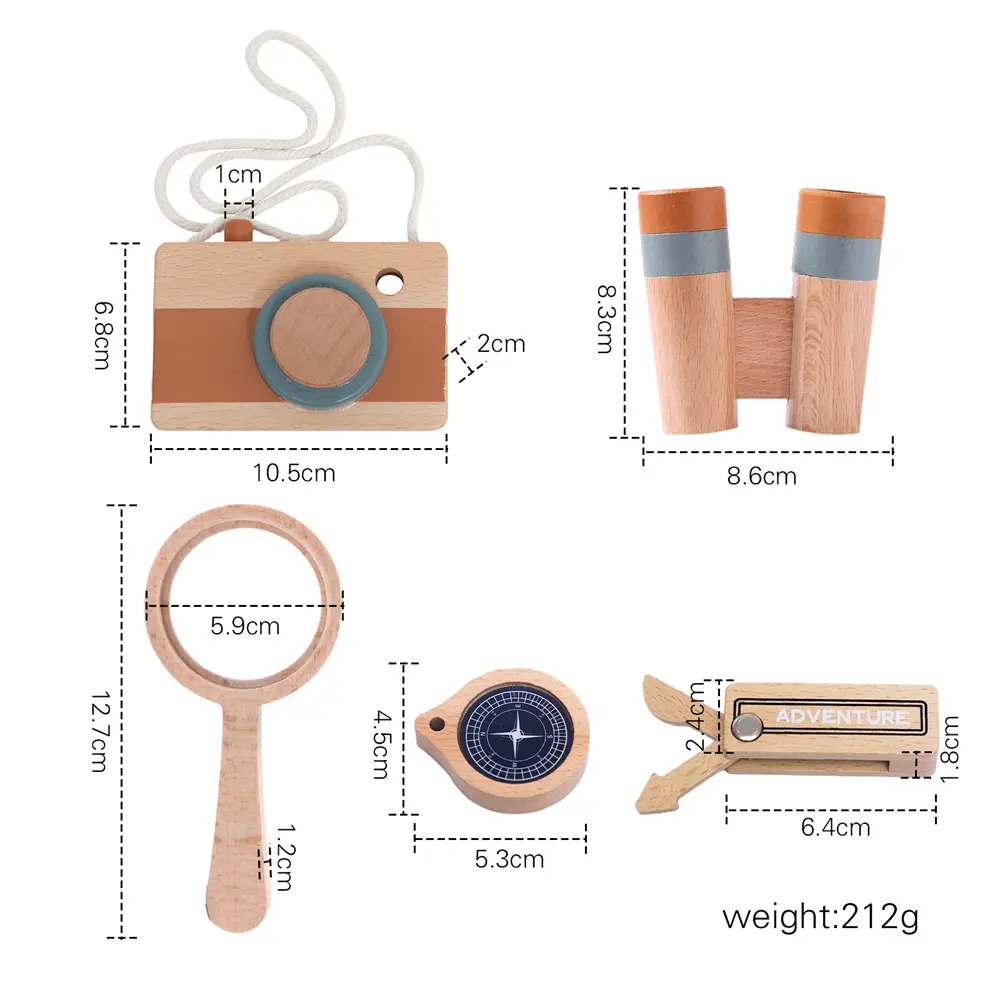 Montessori Wooden Toys Baby Outdoor Adventure Camera Magnifier Compass Telescope Wooden Knife Set Adventurer Role Playing Gift