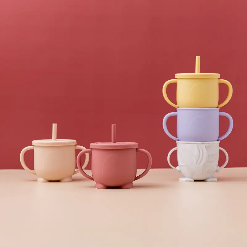 Baby Feeding Straw Bottle Sippy Cups Baby Silicone Double Handle Sippy Cups Children Anti-Hot Leakproof Cup Kids Mini Water Cups