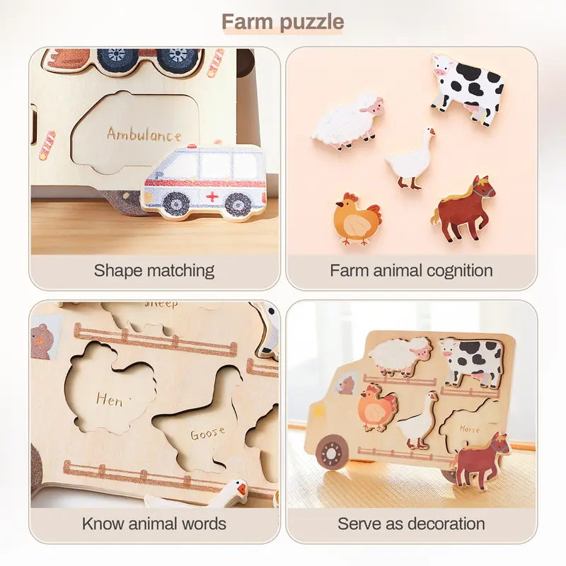 Montessori Baby Puzzles Wooden Automobile Farm  Shape Jigsaw Board Matching Games Newborn Education Enlightenment Toy Baby Gift