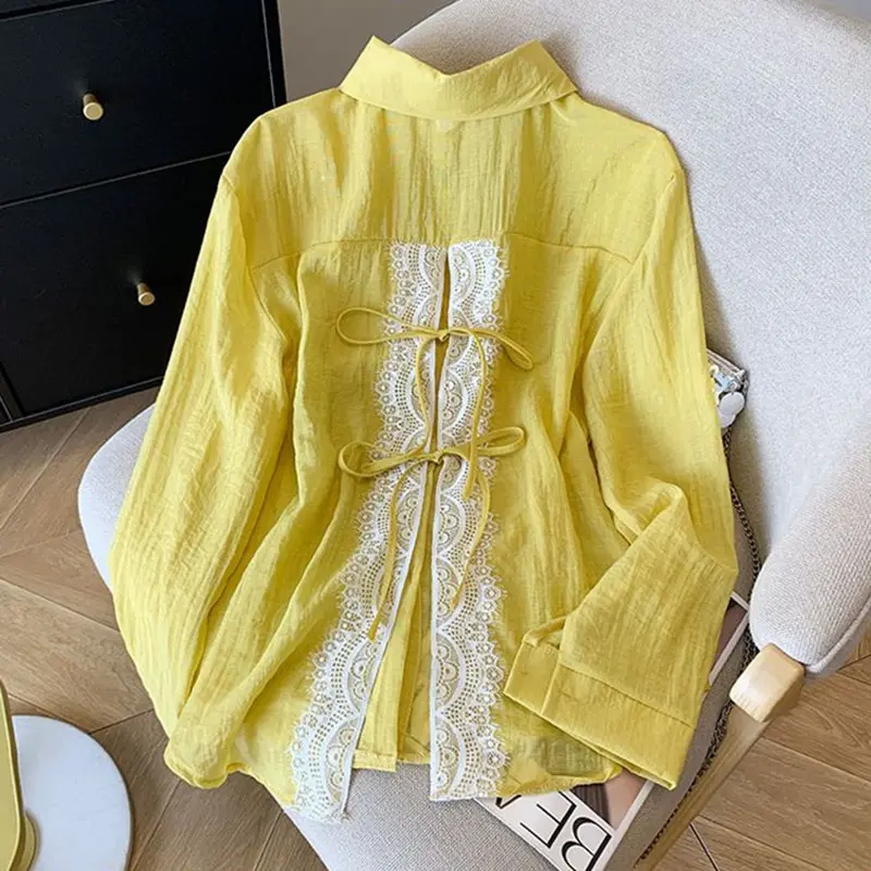 2025 New Korean Loose Women Shirts Spring Summer Sunscree Shirts Tops Female Thin Stitching Lace Casual Lady Shirt Blouses