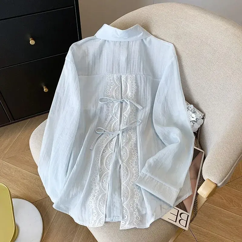 2025 New Korean Loose Women Shirts Spring Summer Sunscree Shirts Tops Female Thin Stitching Lace Casual Lady Shirt Blouses
