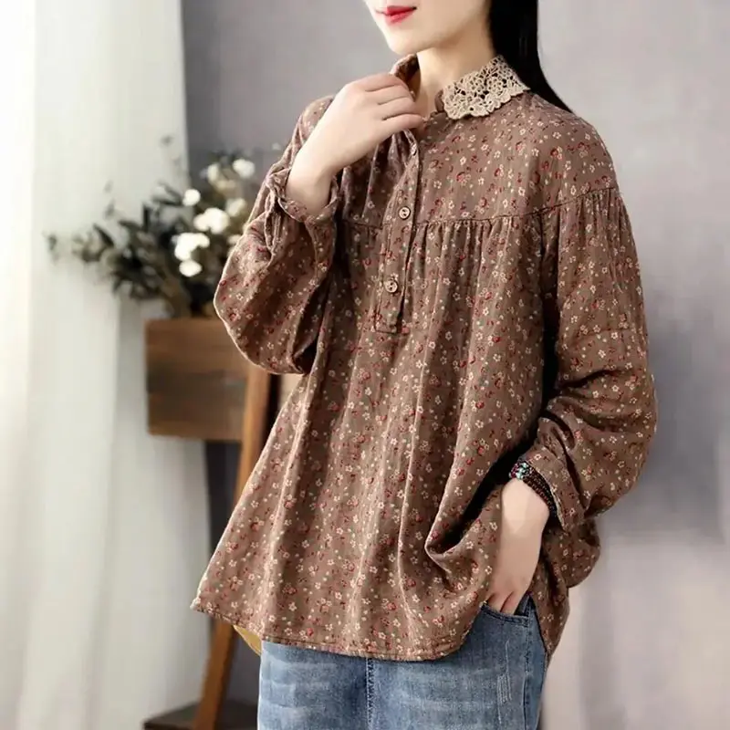 Fashion Spring Autumn Printing New 2025 Cotton Linen Lace Side Collar T-Shirt Women's Long Sleeves Loose Light Lazy Wind Jacket