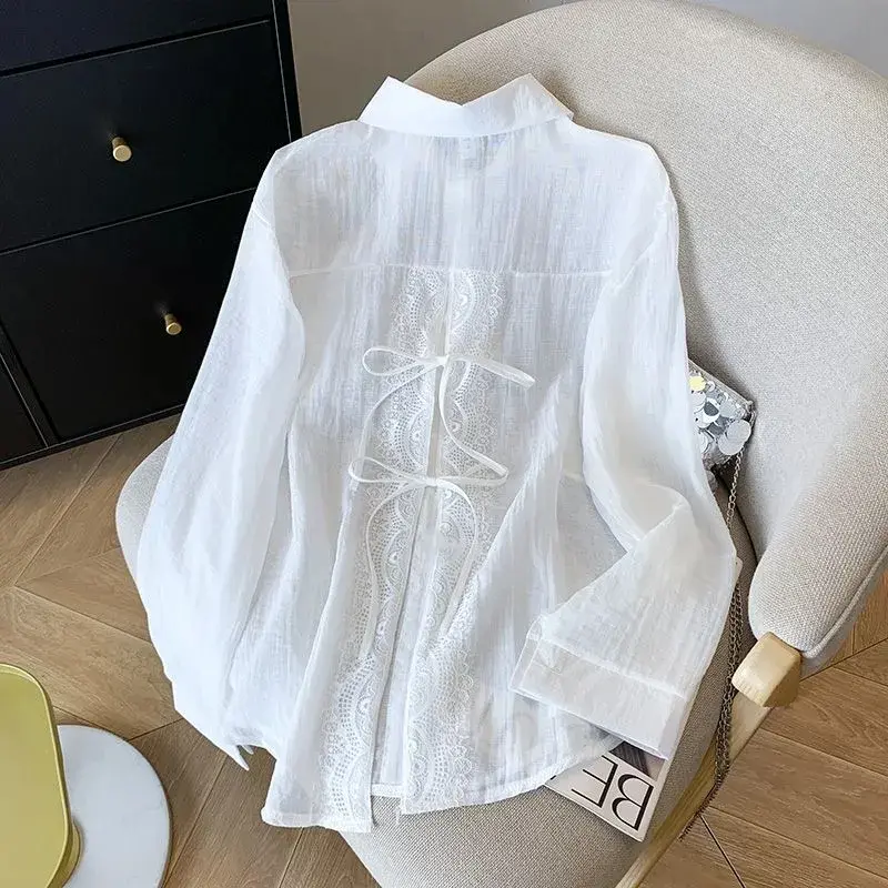 2025 New Korean Loose Women Shirts Spring Summer Sunscree Shirts Tops Female Thin Stitching Lace Casual Lady Shirt Blouses