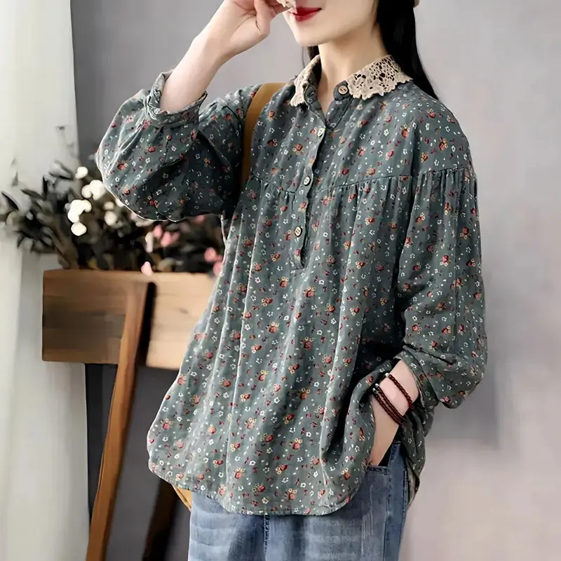 Fashion Spring Autumn Printing New 2025 Cotton Linen Lace Side Collar T-Shirt Women's Long Sleeves Loose Light Lazy Wind Jacket