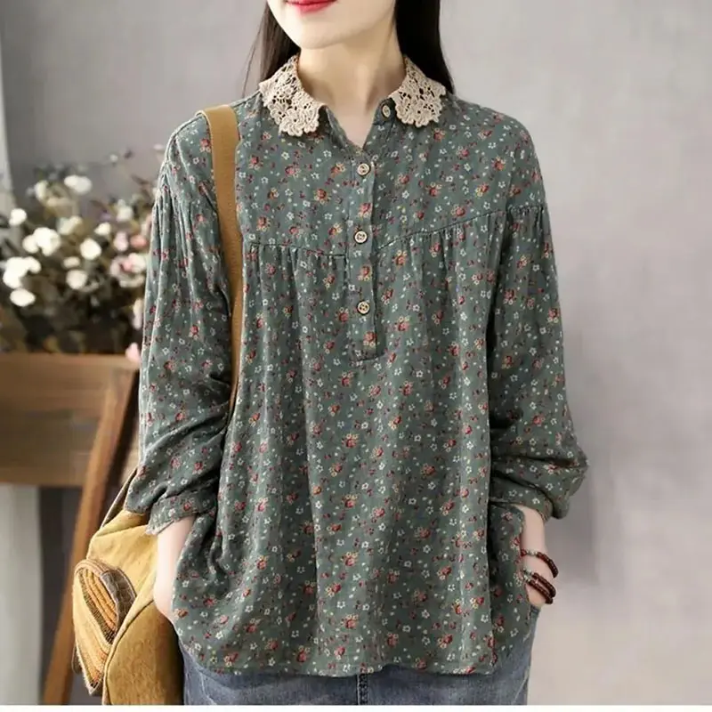 Fashion Spring Autumn Printing New 2025 Cotton Linen Lace Side Collar T-Shirt Women's Long Sleeves Loose Light Lazy Wind Jacket