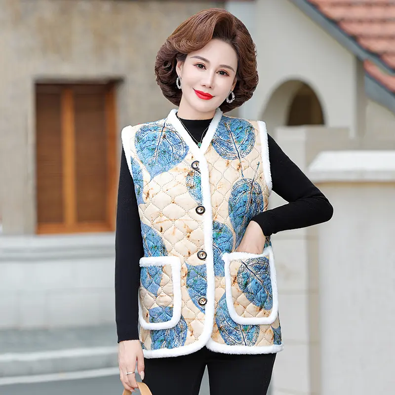 Grandma Vest Women Autumn Winter New 2024 Floral Cotton-padded Jacket Mother Add velvet warm Sleeveless Waistcoat  Coat Female