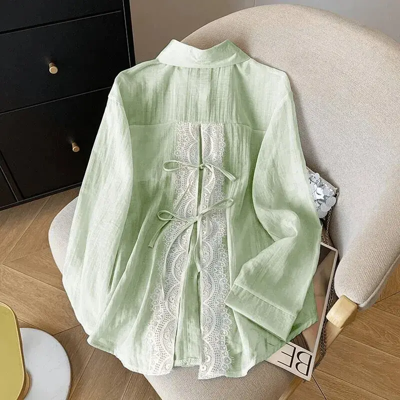 2025 New Korean Loose Women Shirts Spring Summer Sunscree Shirts Tops Female Thin Stitching Lace Casual Lady Shirt Blouses