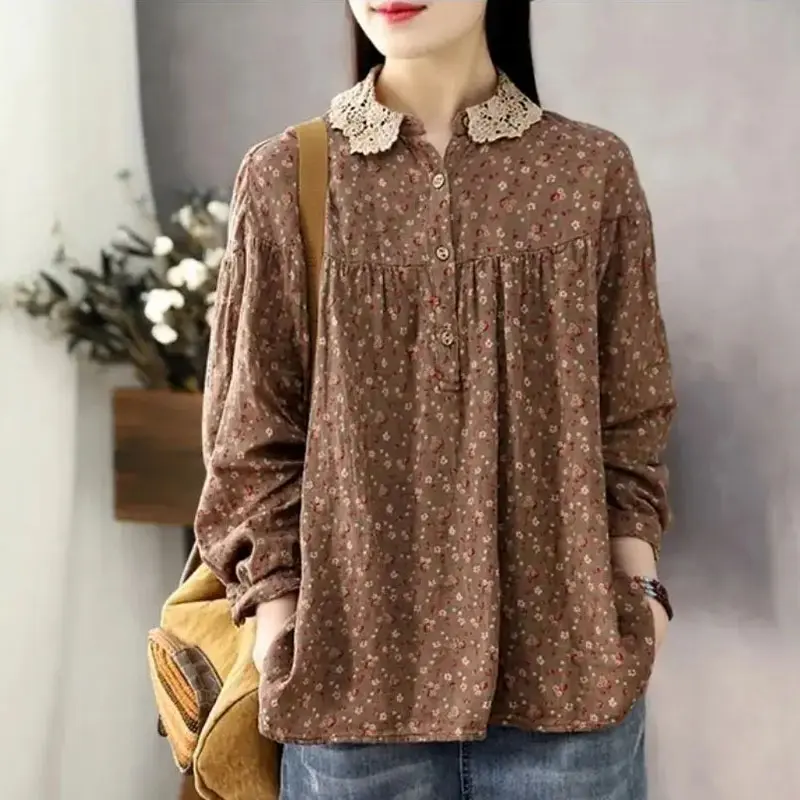 Fashion Spring Autumn Printing New 2025 Cotton Linen Lace Side Collar T-Shirt Women's Long Sleeves Loose Light Lazy Wind Jacket