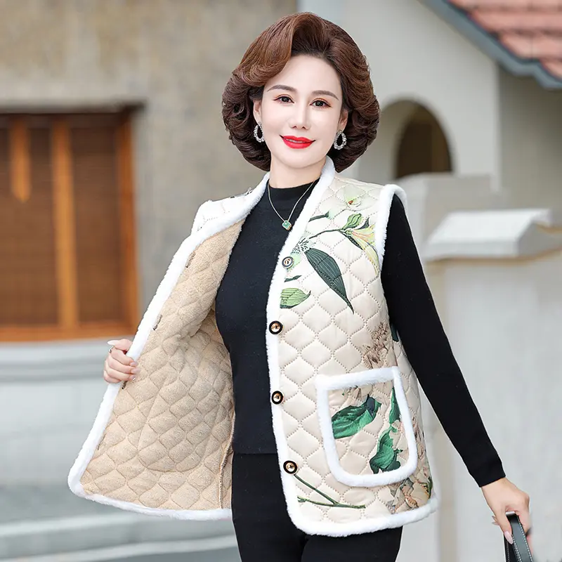 Grandma Vest Women Autumn Winter New 2024 Floral Cotton-padded Jacket Mother Add velvet warm Sleeveless Waistcoat  Coat Female