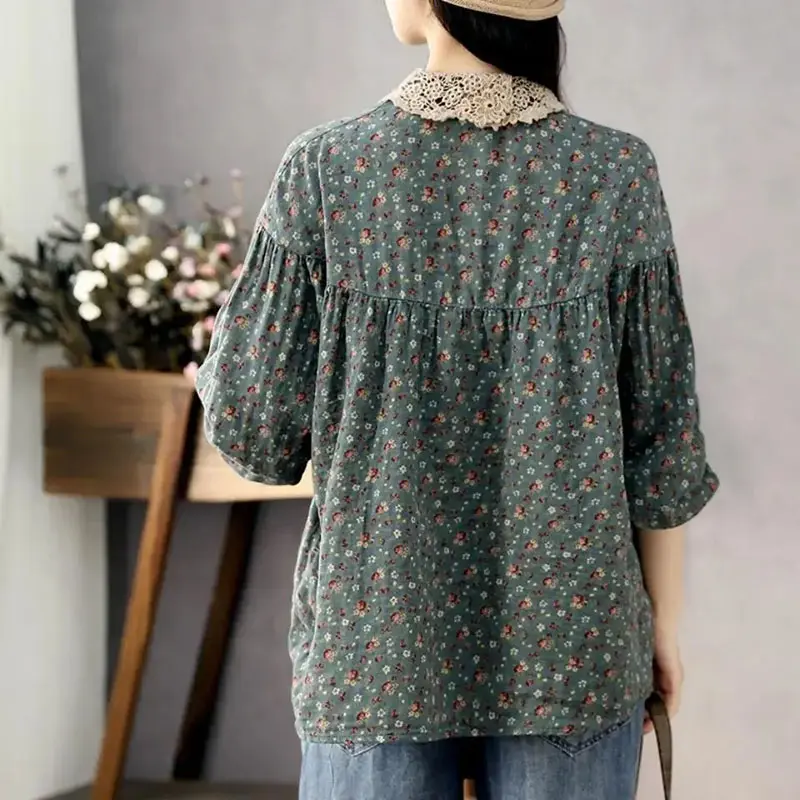 Fashion Spring Autumn Printing New 2025 Cotton Linen Lace Side Collar T-Shirt Women's Long Sleeves Loose Light Lazy Wind Jacket